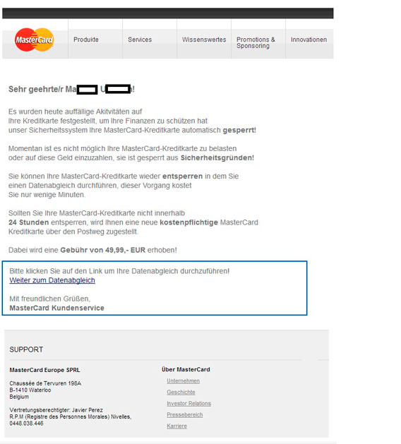 Phishing-Mail MasterCard gesperrt Beispiel einer Phishing-Mail "MasterCard gesperrt"