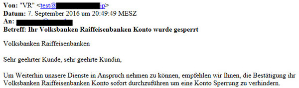 Phishing Warnung Konto gesperrt Phishing-Mail "Ihr Volksbanken Raiffeisenbanken Konto wurde gesperrt"